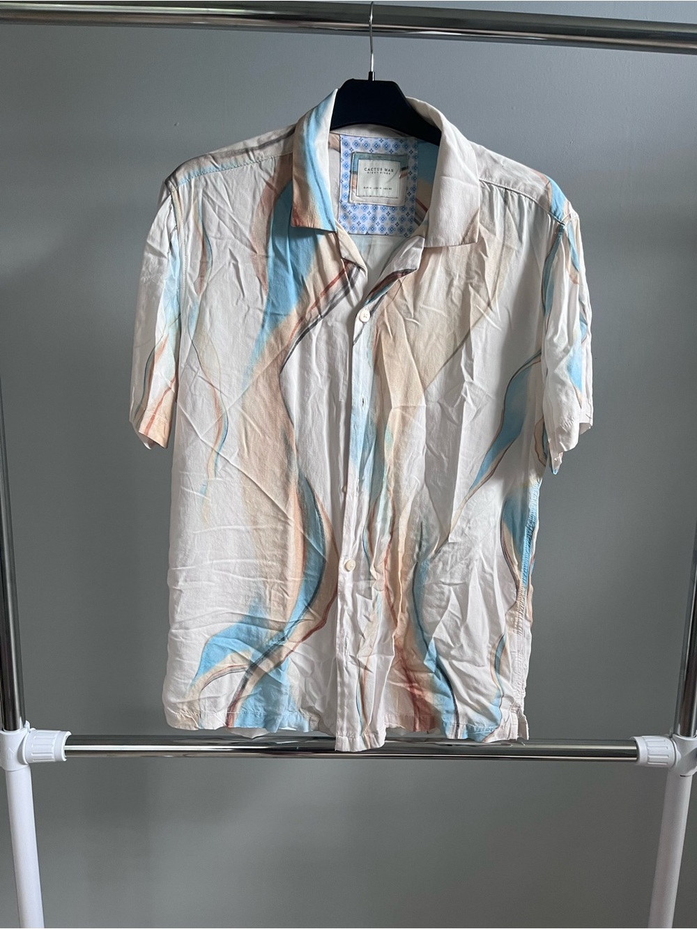 Short-Sleeve Abstract Wave Print Shirt - Light Blue & Cream